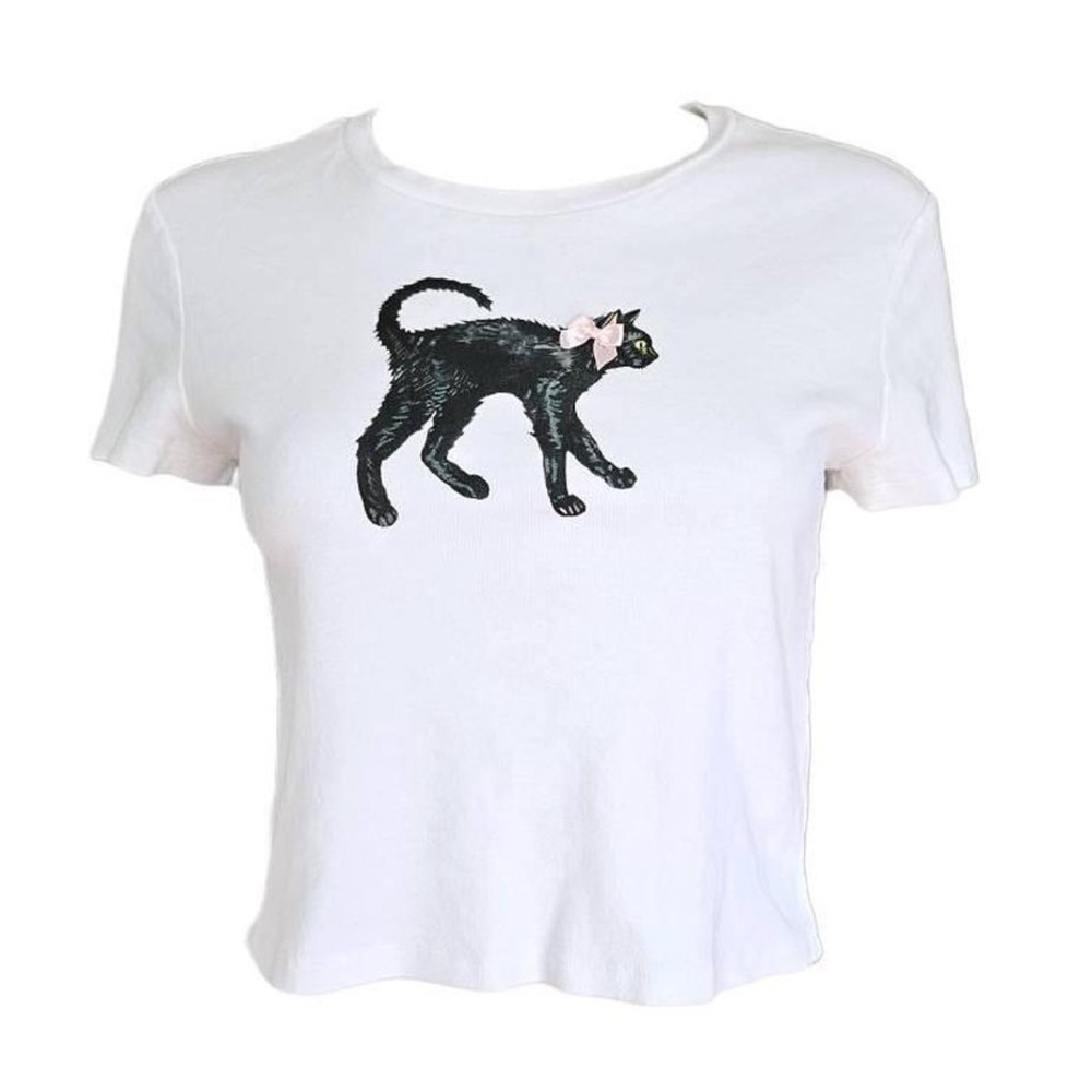 House of Cotton White Baby Tee w Black Cat sz L